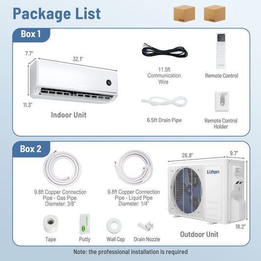 12,000 BTU mini split indoor air handler and outdoor condenser