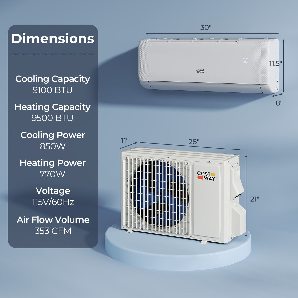 Airtural 9,100 BTU mini split dimensions diagram