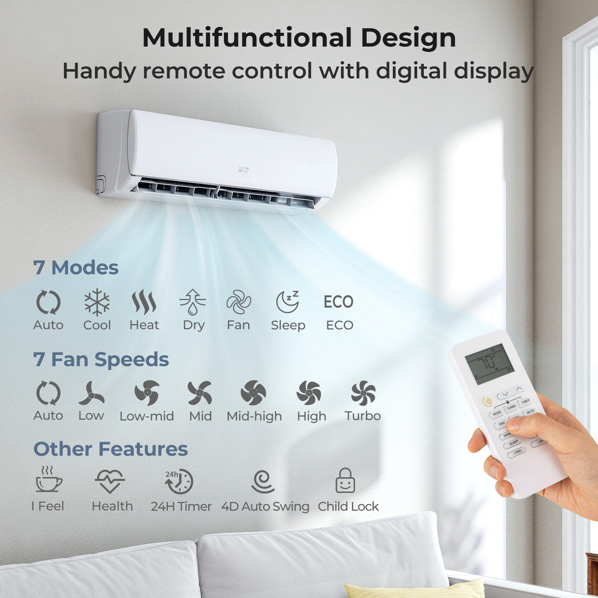 EchoCool 11,500 BTU mini split remote control, view 3