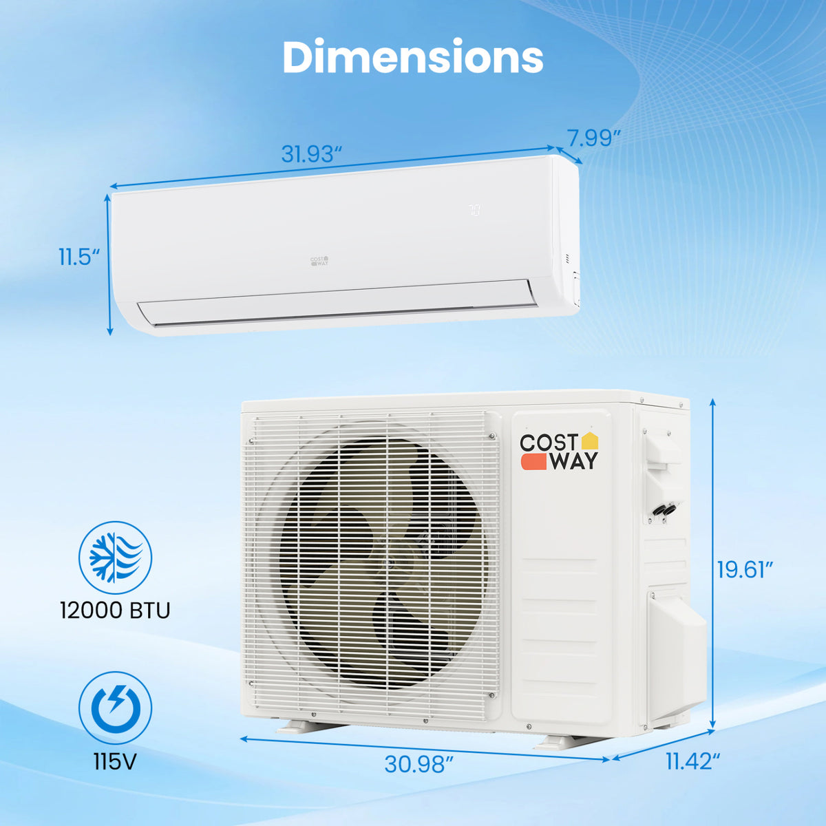EcoGuard 12,000 BTU mini split dimensions diagram