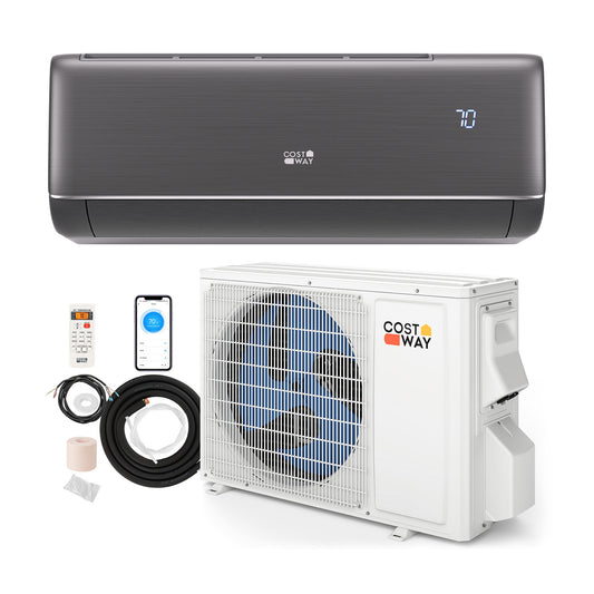 GreyVolt 12,000 BTU mini split indoor air handler and outdoor condenser, gray panel