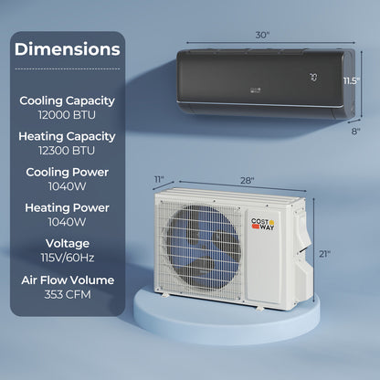 GreyVolt 12,000 BTU mini split dimensions diagram