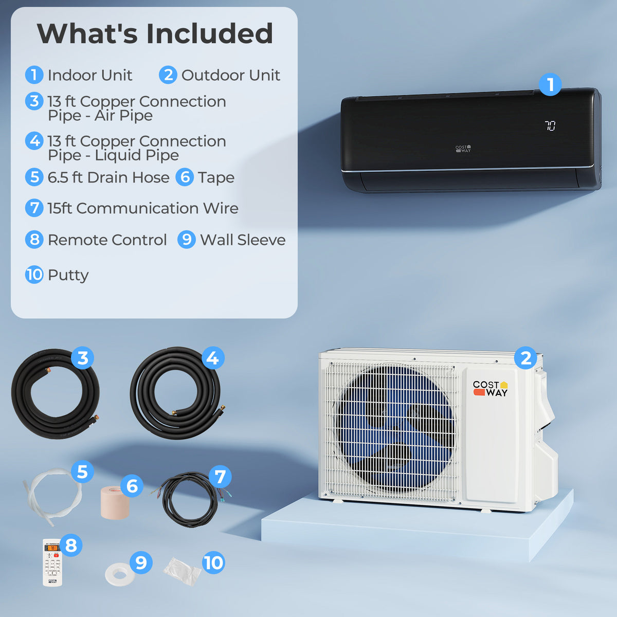 GreyVolt 9,100 BTU mini split indoor air handler and outdoor condenser, gray panel