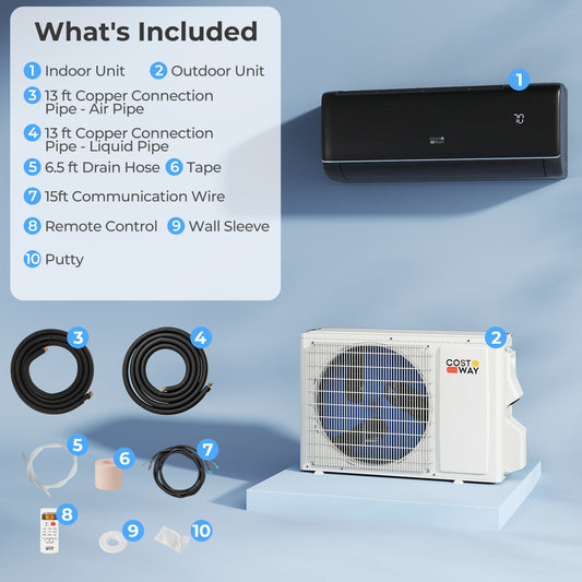 GreyVolt 9,100 BTU mini split indoor air handler and outdoor condenser, gray panel