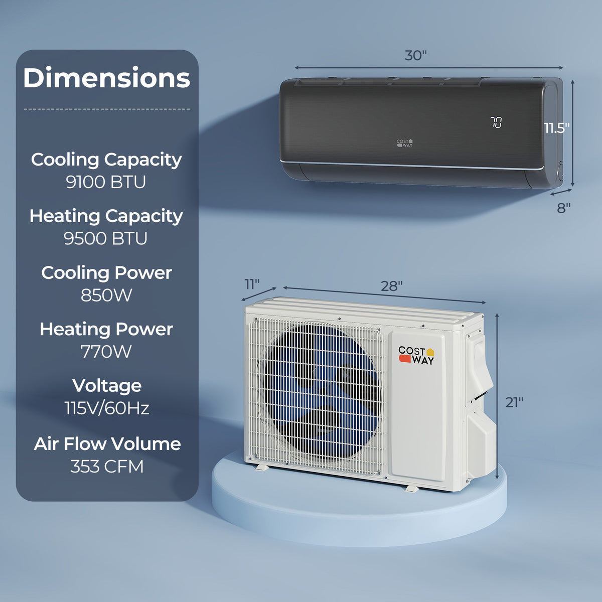 GreyVolt 9,100 BTU mini split dimensions diagram